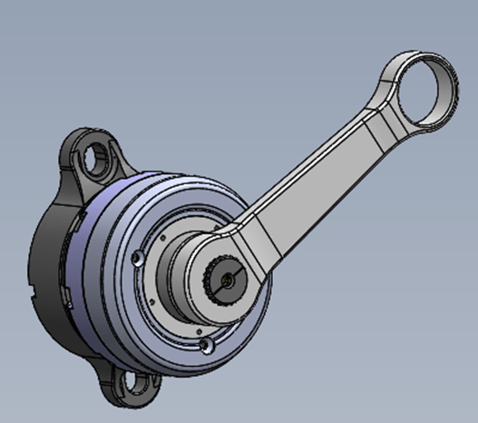 3D model of an adaptive rotary damper with mounting flanges and extended lever arm, designed for adjustable damping in rotational motion systems.
