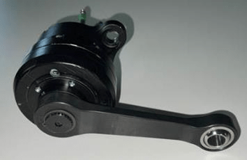 Black adaptive rotary damper with lever arm, designed for controlled rotational resistance in mechanical systems.