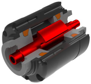 Cross-sectional view of an adaptive rotary damper, showing its internal components, including a red rotating shaft and surrounding damping elements.