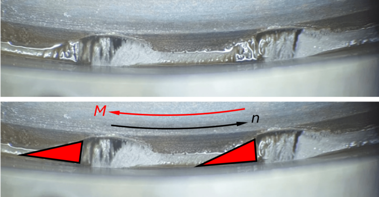 Wedge effect in an MRX shear damper with star contour, close-up of material deformation under torque M and direction n.