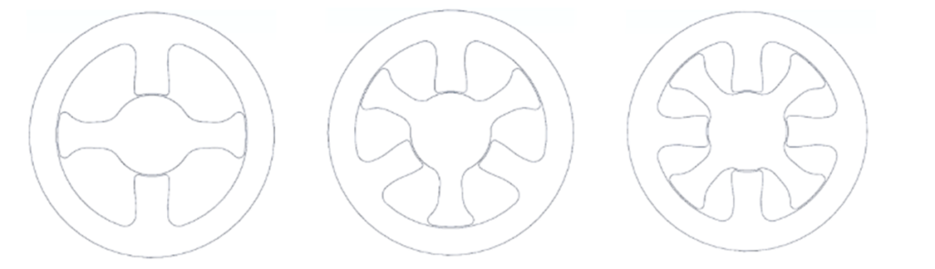 Different designs of rotor discs for an MRF rotary damper, schematic representation of variations.