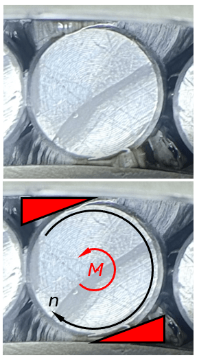 Illustration of the wedge effect, showing force distribution and rotational motion in a mechanical system