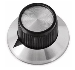 Haptic rotary push button with a brushed metal knob and ridged grip
