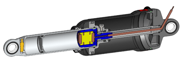 Cross-sectional view of an MRF rear shock absorber showing internal components