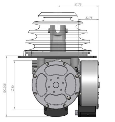 Highly detailed side view of a joystick, showing internal components with precise measurements and structural details