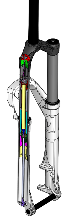 Technical cross-sectional illustration of an MRF suspension fork showcasing internal damping and spring components in color-coded detail