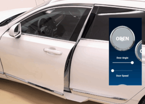 Open white car door with a user interface overlay showing adjustable settings for door angle and speed.