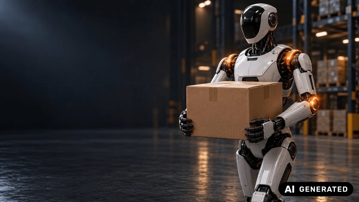 Humanoid robot carrying a cardboard box in a warehouse