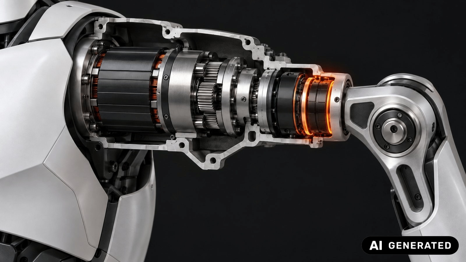 Cutaway of a robot arm joint: motor, gearbox and a glowing MR brake in front of the joint output