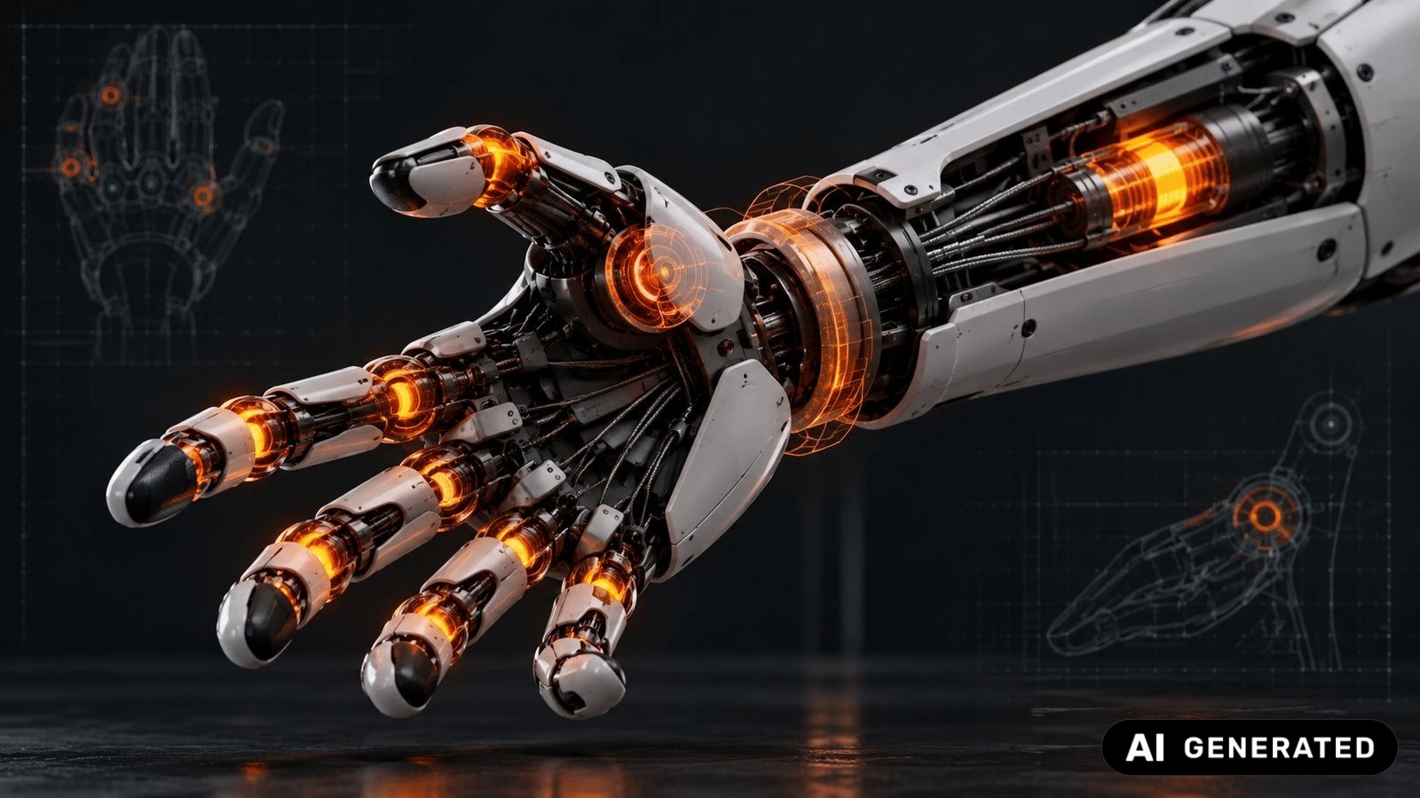 Robot hand with glowing finger and wrist joints and a tendon-driven forearm in cutaway