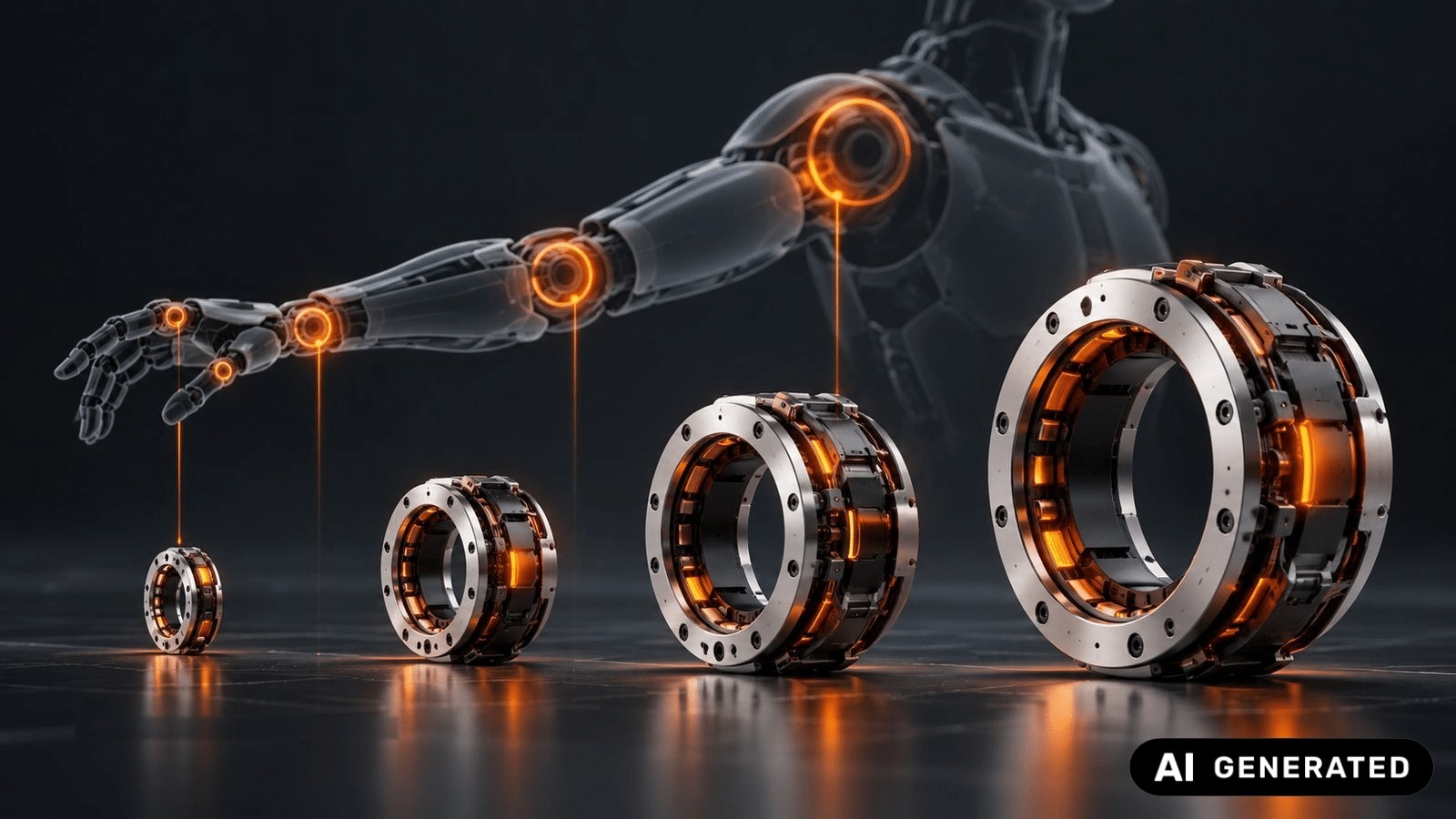 MR brakes in four sizes assigned to finger, wrist, elbow and shoulder of a robot arm