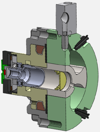 Cross-sectional view of a semi-active anti-roll bar actuator. Highlights internal components including rotary vane, bearings, and control elements.